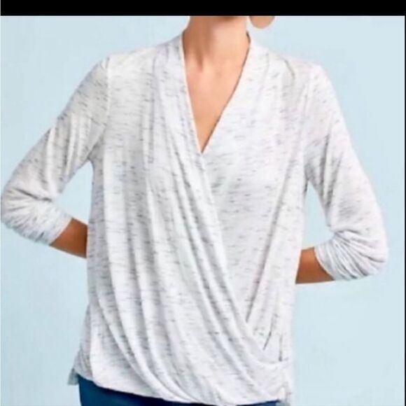 Anthropologie Akemi+Kin Light Grey Space Dye Faux Wrap Loose Longsleeve Top XS - Picture 2 of 15